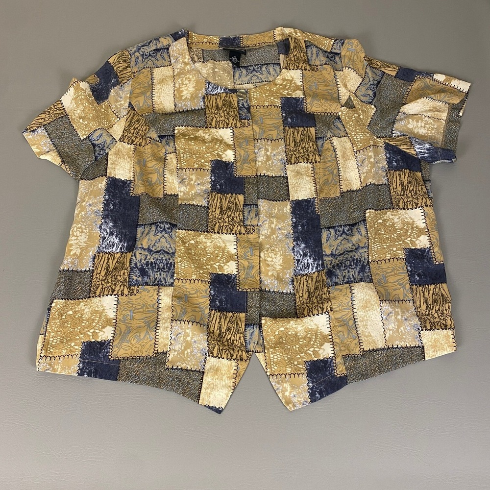 Maggie Barnes Blouse Button Top‎ Women's 3X Patchwork Beige Front Short Sleeve